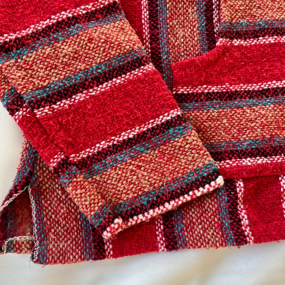 Vintage Mexican Baja Blanket Drug Rug Hoodie Red Blue Surfer Skater Poncho S M - Picture 7 of 11